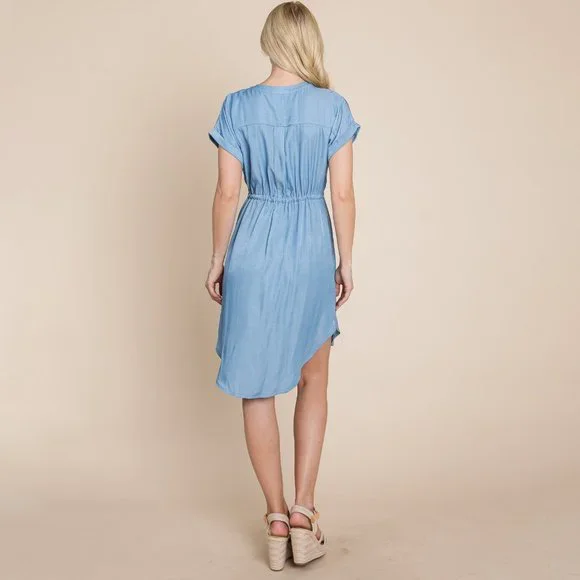 Button Down Chambray Drawstring Waist Shirt Dress. - Picture 4 of 4